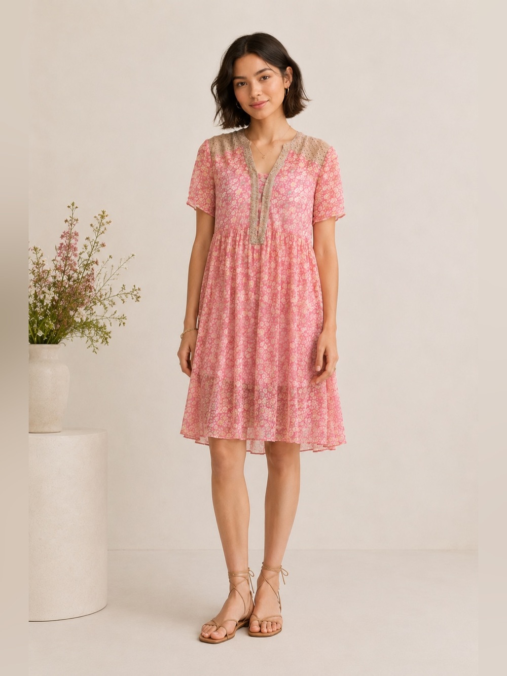 Anthropologie Maeve Boho Sheer Dress Coral Floral sz 8